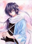  aoi_yuuka_(ao_no_kokoro) hakuouki_shinsengumi_kitan male_focus saitou_hajime_(hakuouki) scarf solo sword traditional_media watercolor_(medium) weapon white_scarf 