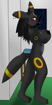  anthro big_breasts black_fur black_hair blush bracelet breasts chalo ebony eeveelution female fur hair hairband hindpaw indoor jewelry looking_at_viewer nintendo nipples nude paws pok&#233;mon pok&#233;morph pok&eacute;mon pok&eacute;morph red_eyes renakunisaki short_hair solo standing umbreon vector_trace video_games yellow_fur 