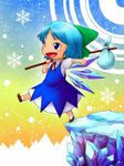  blue_eyes blue_hair blush bow chibi cirno dress hair_bow ice ice_wings k_z mountain open_mouth ribbon snow snowflakes snowing solo stick tarot the_fool_(tarot_card) touhou wings 