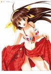  absurdres ahoge azuma_yuki bikini breasts brown_eyes brown_hair cherry_print cleavage copyright_request food_print front-tie_top headband highres medium_breasts plaid plaid_sarong red_sarong sarong sarong_lift side-tie_bikini solo swimsuit 