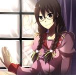  animal_ears bakemonogatari black_hair braid cat_ears dual_persona fuchsia91 glasses hand_on_window hanekawa_tsubasa monogatari_(series) nekomonogatari purple_eyes reflection twin_braids window 