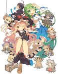  &gt;_&lt; ahoge aqua_eyes black_hair blonde_hair bow bridge broom broom_riding brown_eyes chain chibi closed_eyes detached_sleeves fang fujiwara_no_mokou gourd green_hair grey_hair grin hair_bow hat hat_bow hijiri_byakuren horn horns hoshiguma_yuugi houjuu_nue ibuki_suika kirisame_marisa kochiya_sanae konpaku_youmu kurodani_yamame long_hair mizuhashi_parsee multiple_girls one_eye_closed ooide_chousuke pointy_ears polearm ribbon saigyou_ayakashi saigyouji_yuyuko skirt smile sorcerer's_sutra_scroll touhou trident v weapon witch_hat 