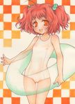  aoi_yuuka_(ao_no_kokoro) blush flat_chest hair_bobbles hair_ornament innertube marker_(medium) one-piece_swimsuit open_mouth orange_eyes original red_hair school_swimsuit short_hair smile solo swimsuit traditional_media 