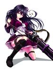  absurdres arms_up belt black_hair boots bullet chain copyright_request dress gatling_gun gun highres one_knee purple_eyes solo souchi thigh_strap weapon 