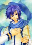  aoi_yuuka_(ao_no_kokoro) blue_eyes blue_hair blue_scarf bubble kaito male_focus marker_(medium) scarf smile solo traditional_media vocaloid 