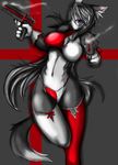  black black_hair breasts cat furry gun highres korarubi kyora large_breasts long_hair red smoke tail weapon white 