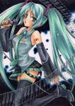  aoi_yuuka_(ao_no_kokoro) detached_sleeves green_eyes green_hair hatsune_miku long_hair microphone necktie open_mouth skirt solo thighhighs traditional_media twintails very_long_hair vocaloid 