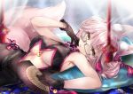  animal_ears black_gloves breasts chinese_clothes cleavage commentary_request fan fate/grand_order fate_(series) fox_ears fox_tail glasses gloves hane_yuki highres koyanskaya large_breasts lying no_bra on_side pink_hair solo tail underboob yellow_eyes 