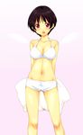  alternate_costume bad_id bad_pixiv_id black_hair blush bra breasts chuunibyou_demo_koi_ga_shitai! cleavage highres itou_ayachi medium_breasts mini_wings mole mole_on_breast navel open_mouth pillow purple_eyes short_hair short_shorts shorts simple_background smile solo tsuyuri_kumin underwear white_bra 