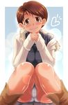  blush blz boots breasts brown_eyes brown_hair cameltoe coat heart highres large_breasts panties short_hair smile solo super_real_mahjong toono_mizuki turtleneck underwear white_panties 