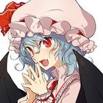  bat_wings blue_hair fang fingers_together hat lowres nakatani_nio red_eyes remilia_scarlet simple_background slit_pupils solo touhou wavy_hair white_background wings 