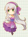  argyle argyle_background carine dress eiyuu_densetsu elbow_gloves elie_macdowell full_body gloves green_eyes hairband high_heels jewelry long_hair necklace pantyhose purple_dress purple_legwear shoes smile solo white_gloves white_hair zero_no_kiseki 