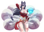  adjusting_hair ahri animal_ears artist_name bad_id bad_pixiv_id bare_shoulders bell black_hair breasts cleavage facial_mark fox_ears fox_tail highres huge_breasts korean_clothes league_of_legends legs long_hair multiple_tails one3four! simple_background solo tail tattoo thighs whisker_markings white_background yellow_eyes 