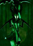  black_rock_shooter dead_master green green_eyes holding holding_scythe horns nina_(ninageya) scythe solo wings 