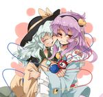  alternate_hair_length alternate_hairstyle blush closed_eyes eyebrows hairband hat hat_ribbon heart hug iroyopon komeiji_koishi komeiji_satori long_hair long_sleeves multiple_girls open_mouth purple_hair red_eyes ribbon shirt siblings silver_hair sisters skirt smile thick_eyebrows third_eye touhou wide_sleeves 