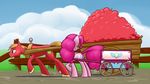  apple balloon big_macintosh_(mlp) blonde_hair cloud cutie_mark duo equine female fence feral friendship_is_magic fruit grass green_eyes hair horse male mammal my_little_pony outside pinkie_pie_(mlp) pony purple_eyes underpable wagon 