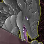  black black_scales dragon female icon looking_at_viewer narse open_mouth pattern_background portrait purple_eyes purple_tongue scalie sharp_teeth solo teeth varka 
