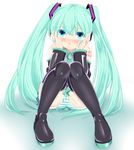  absurdres aqua_eyes blush boots detached_sleeves green_hair hands_on_own_face hatsune_miku highres karucho long_hair necktie panties pantyshot pantyshot_(sitting) sitting skirt solo striped striped_panties thigh_boots thighhighs twintails underwear very_long_hair vocaloid 