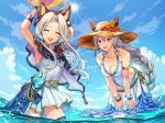 2girls :d animal_ears arm_ribbon armlet ball bangs bare_shoulders beachball blush bracelet braid breasts brown_eyes cloud collarbone commentary_request day erune eyebrows_visible_through_hair eyes_closed flower granblue_fantasy hair_intakes hair_tubes hands_above_head hands_on_own_knees hat hat_flower heles hibiscus holding holding_ball jewelry long_braid long_hair looking_at_viewer medium_breasts multiple_girls open_mouth partially_submerged ribbon sarong scathacha_(granblue_fantasy) silver_hair small_breasts smile sun sun_hat swimsuit torio_(mocd1985) very_long_hair water 