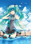  aqua_eyes aqua_hair bad_id bad_pixiv_id cloud day hatsune_miku headphones headset highres hyugo long_hair necktie open_mouth outdoors revision skirt sky smile solo thighhighs twintails very_long_hair vocaloid wading water water_drop wet wet_clothes zettai_ryouiki 