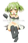  1girl bare_shoulders blush border_break breasts character_name double_chance_girl_(border_break) english green_eyes green_hair inuue_kiyu long_hair off_shoulder open_mouth oversized_clothes payot short_twintails sidelocks simple_background sitting skirt sleeves_past_wrists socks solo twintails white_background 