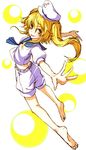  barefoot blonde_hair blue_sailor_collar hat kitashirakawa_chiyuri kuronuko_neero long_hair outstretched_arms sailor sailor_collar sailor_hat shorts solo tongue tongue_out touhou touhou_(pc-98) twintails yellow_eyes 