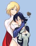  :3 black_hair blonde_hair blue_background blue_eyes breast_pillow breasts cape cleavage closed_eyes dc_comics f-fact heart hug hug_from_behind large_breasts medium_breasts multiple_girls petting power_girl rock short_hair simple_background terra_(dc) yuri 