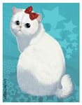  blue_eyes bow cat cute feline female feral fur fuzzy hair_bow hello_kitty invalid_tag looking_back mammal pink_nose plain_background realistic short_tail signature simple_background snowcat solo stars whiskers white_background white_fur 
