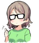  /\/\/\ 1girl :| black-framed_eyewear blush closed_mouth glasses green_shirt grey_hair love_live! love_live!_sunshine!! opaque_glasses robin16 shirt short_hair simple_background solo thumbs_up upper_body v-shaped_eyebrows watanabe_you white_background 
