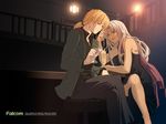  1girl 2008 bare_legs black_dress blonde_hair company_name copyright_name crossed_legs dress drink eiyuu_densetsu enami_katsumi facial_mark forehead_mark glass long_hair official_art olivier_lenheim ponytail scherazard_harvey sitting sora_no_kiseki white_hair 