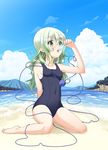  barefoot covered_navel eyeball food green_eyes green_hair highres hiroro komeiji_koishi licking long_hair one-piece_swimsuit popsicle school_swimsuit sexually_suggestive solo swimsuit third_eye touhou 