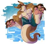  biceps big_muscles blue_eyes body_markings brown_fur brown_hair claws clothed clothing cyber_zai fur hair half-dressed kangaroo looking_at_viewer male mammal markings marsupial muscles pawpads pecs scott sea shorts smile solo stripes toe_claws topless water white_fur 
