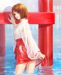  architecture bob_cut bream-tan brown_eyes brown_hair east_asian_architecture hakama highres japanese_clothes kimono looking_at_viewer nontraditional_miko red_hakama sengoku_basara skirt solo tsuruhime wading water wet wet_clothes white_kimono 