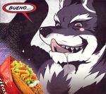  black_fur black_nose blush bueno burrito canine doritos food fur male mammal meme orion orion_(aluminemsiren) portrait red_eyes saliva solo spit taco teeth tongue white_fur wolf 