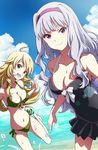  bikini blonde_hair breasts casual_one-piece_swimsuit cleavage green_eyes hairband highres hoshii_miki idolmaster idolmaster_(classic) kakeru_(artist) long_hair medium_breasts multiple_girls one-piece_swimsuit purple_hairband red_eyes shijou_takane silver_hair swimsuit 