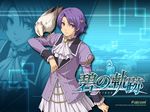  2011 animal_on_arm ao_no_kiseki bird bird_on_arm blue_background company_name copyright_name cravat dress eiyuu_densetsu enami_katsumi hair_ornament hairclip klose_rinz official_art purple_eyes purple_hair short_hair smile solo sora_no_kiseki uniform zoom_layer 