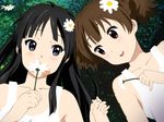  akiyama_mio alternate_hairstyle artist_request black_eyes black_hair brown_hair dress face flower grass highres hime_cut holding_hands k-on! long_hair lying multiple_girls official_style open_mouth round_teeth short_hair smile suzuki_jun teeth 