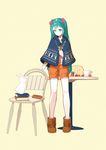  asgr book boots bunny chair cup flower full_body green_eyes green_hair harmonica hatsune_miku highres instrument long_hair shorts simple_background solo table teacup vocaloid yellow_background 