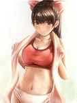  bad_id bad_pixiv_id blush bow breasts brown_eyes brown_hair collarbone hair_bow large_breasts long_hair looking_at_viewer love_plus midriff nannacy7 navel panties parted_lips ponytail solo takane_manaka underwear 