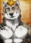  abs aluminemsiren anthro biceps black_nose blonde_hair canine fur green_eyes grey_fur hair male mammal mohawk muscles nipples pecs portrait shadowweasel smile solo tattoo teeth topless white_fur wolf 