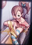  bare_shoulders blush brown_hair butterfly_hair_ornament choker chousoku_henkei_gyrozetter downblouse extended_downblouse hair_ornament highres inaba_rinne long_hair long_sleeves looking_at_viewer looking_up messy monsoon open_mouth panties panty_pull pee peeing peeing_self pulled_by_self pussy ribbon_choker shorts shorts_pull side_ponytail single_thighhigh solo squatting striped striped_legwear tears thighhighs toilet toilet_use underwear yellow_eyes 