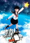  above_clouds ahoge balancing bangs black_hair black_legwear braid brown_eyes chair cloud full_body hair_ribbon kneehighs masao ocean original outstretched_hand ribbon school_uniform serafuku shoes skirt solo space standing standing_on_one_leg star twin_braids uwabaki 