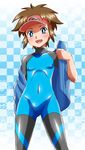  blue_eyes blush bodysuit brown_hair covered_nipples from_below hikari_(mitsu_honey) kyouhei_(pokemon) looking_at_viewer looking_down male_focus open_mouth pokemon pokemon_(game) pokemon_bw2 smile solo standing undressing visor_cap wetsuit 