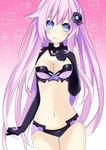  bad_id bad_pixiv_id blue_eyes blush breasts choujigen_game_neptune_mk2 cleavage cleavage_cutout cowboy_shot elbow_gloves gloves hair_ornament hand_on_own_chest long_hair looking_at_viewer medium_breasts midriff mikan_no_shiru navel nepgear neptune_(series) no_nose pink_hair purple_sister smile solo symbol-shaped_pupils very_long_hair 