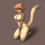  blush breasts brown_eyes covering covering_self female ferret hair kneeling looking_at_viewer mammal mustelid nateday nipples nude plain_background red_hair shy solo 