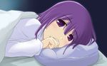  bed blush hieda_no_akyuu looking_at_viewer minipat_(sketch_wall) pillow purple_eyes purple_hair solo touhou under_covers 