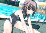  bad_id bad_pixiv_id banned_artist black_hair braid chain-link_fence competition_swimsuit day dutch_angle fence long_hair mirai_(macharge) one-piece_swimsuit original outdoors pool pool_ladder poolside stretch swimsuit twin_braids window yellow_eyes 