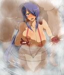  1girl bare_shoulders blush breast_squeeze breasts censored fat fat_man feet fingerless_gloves gangbang gloves group_sex hair_over_one_eye hand_on_head highres ikkitousen kan'u_unchou kanu_unchou kneeling large_breasts long_hair nipples onsen open_mouth penis purple_hair sato_(pixiv956274) sling_bikini steam sweat swimsuit toes water 