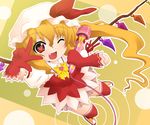  blonde_hair flandre_scarlet gats gloves hat heart hitachi_magic_wand long_hair looking_at_viewer one_eye_closed open_mouth red_eyes smile solo symbol-shaped_pupils touhou vibrator wings 