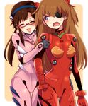  ^_^ angry bad_id bad_pixiv_id blue_eyes blush bodysuit brown_hair closed_eyes d: evangelion:_3.0_you_can_(not)_redo eyepatch glasses hairband kisaki_nana long_hair makinami_mari_illustrious multiple_girls neon_genesis_evangelion open_mouth pink_bodysuit plugsuit rebuild_of_evangelion red-framed_eyewear semi-rimless_eyewear shikinami_asuka_langley smile souryuu_asuka_langley sweatdrop triangle_mouth under-rim_eyewear 